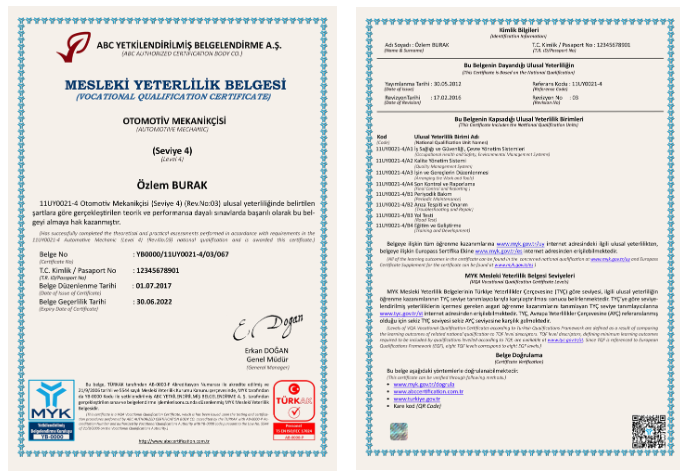 Mesleki Yeterlilik Belge Örneği